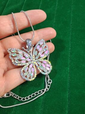Vintage 90s Iridescent Pink Butterfly Pendant Necklace